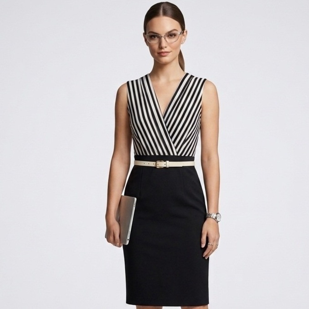 Calvin Klein Striped Sheath Dress Belted Office Siren V-Neck Corporate Size 10P
